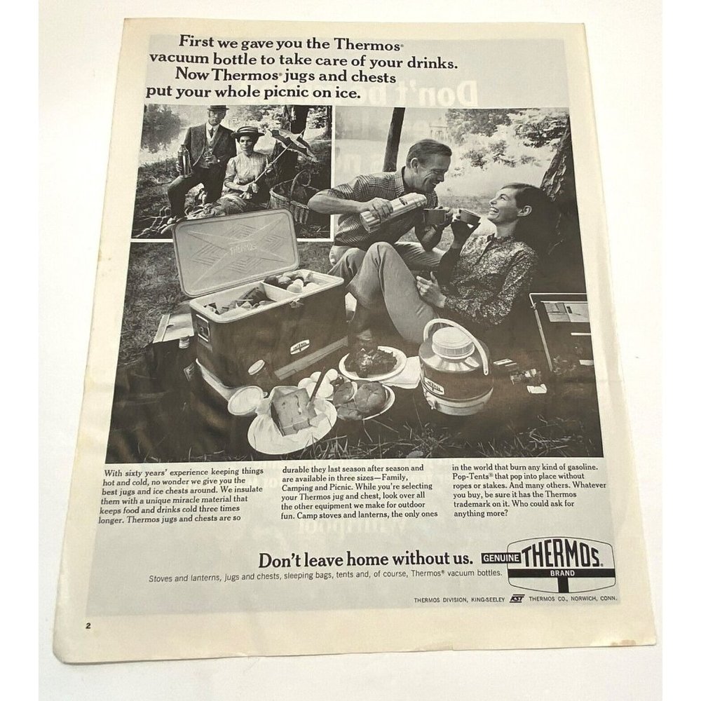Thermos Vintage Print Ad 1968 Coolers Jugs Don't Leave Home Without Us